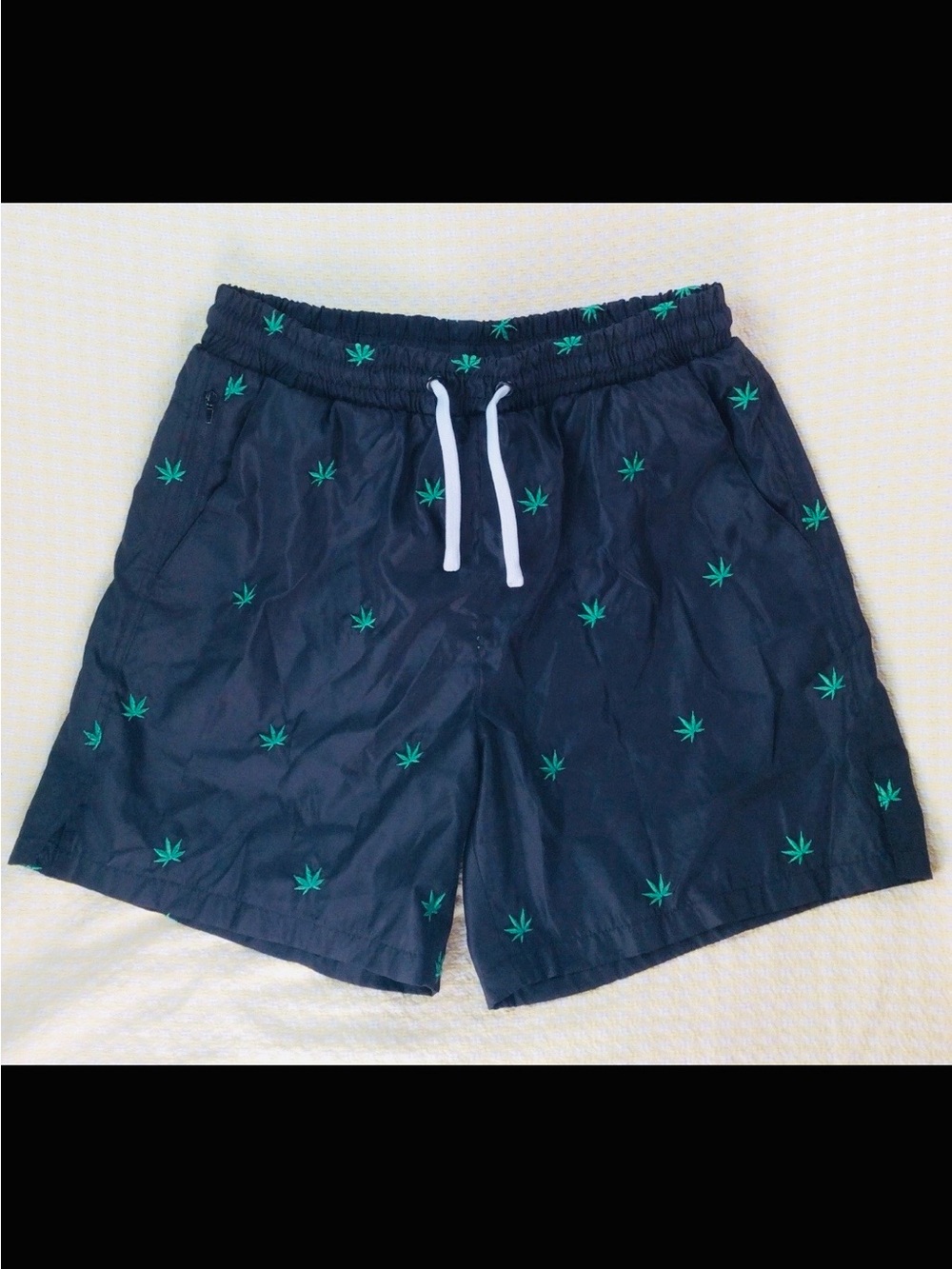 Maison Article Navy Swim Trunks with Green Leaf Motif